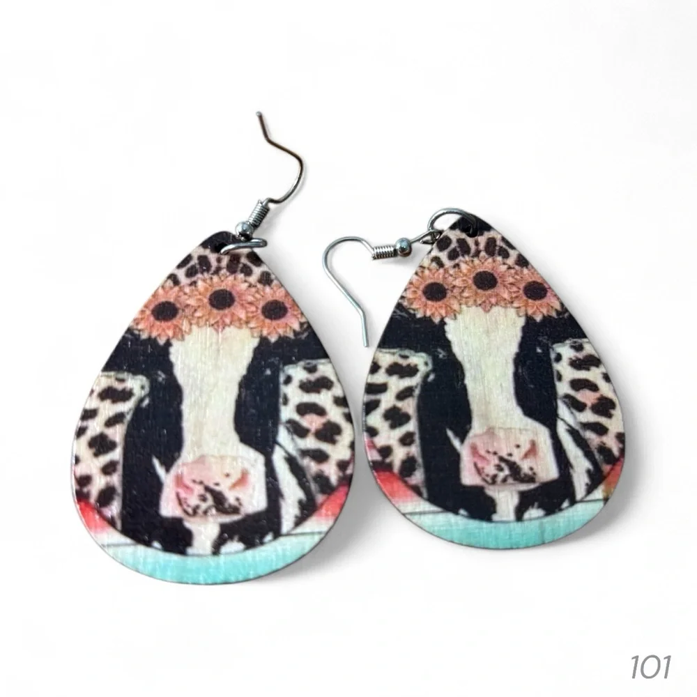 Western Cow & Floral Animal Print Teardrop Earrings